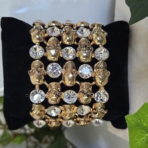 Statement Gold Stretch Bracelet Skulls and Cubic Zirconia